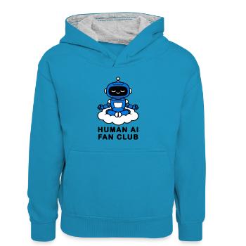 Human AI Fan Club - Kinder Kontrast-Hoodie - Pfauenblau/Grau meliert - Vorne