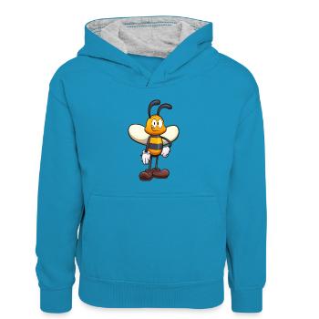 Friendly Cute Cartoon Bee - Kids’ Contrast Hoodie - peacock blue/heather grey - Front