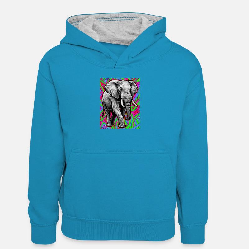 éléphant - Sweat à capuche contrasté Enfant - bleu paon/gris chiné