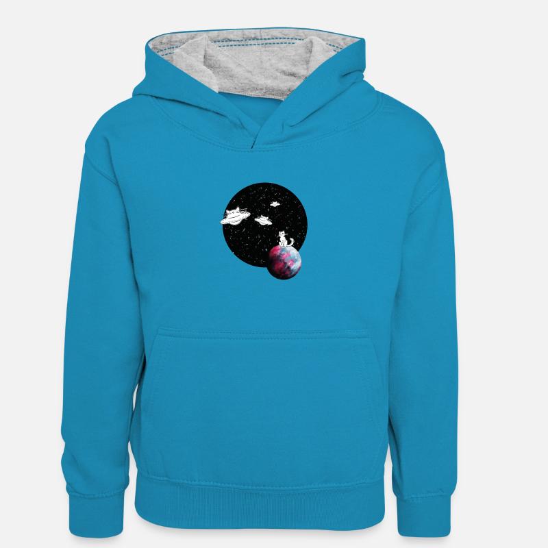 spacecat - Chat de l’espace - Sweat à capuche contrasté Enfant - bleu paon/gris chiné
