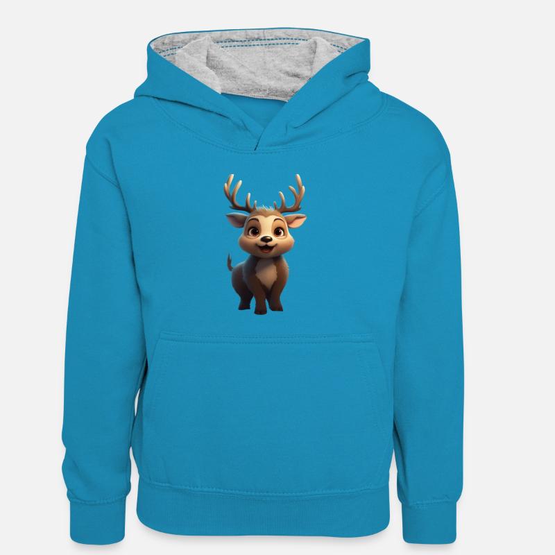 Dicker Hirsch - Kinder Kontrast-Hoodie - Pfauenblau/Grau meliert