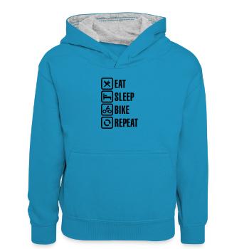 Eat sleep bike repeat - Kinder Kontrast-Hoodie - Pfauenblau/Grau meliert - Vorne