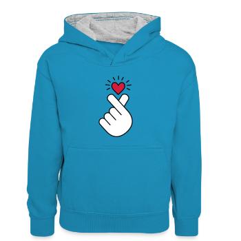K pop coeur, corée, k pop, musique, symbole, main, pop - Sweat à capuche contrasté Enfant - bleu paon/gris chiné - Devant