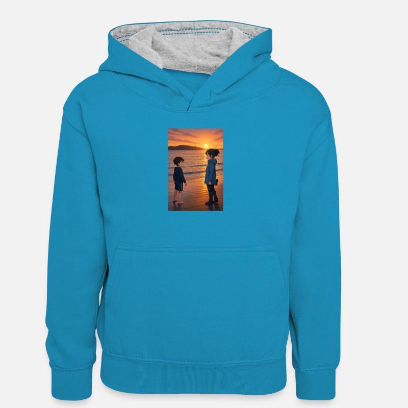 Coucher de soleil sur la plage - Sweat à capuche contrasté Enfant - bleu paon/gris chiné