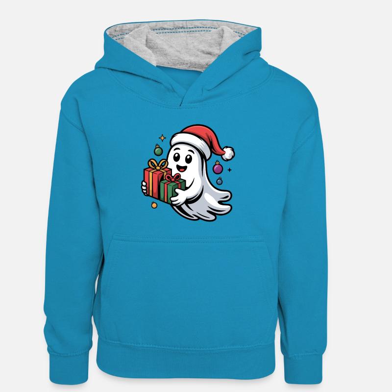 Weihnachtsgeist mit Geschenken - Kinder Kontrast-Hoodie - Pfauenblau/Grau meliert