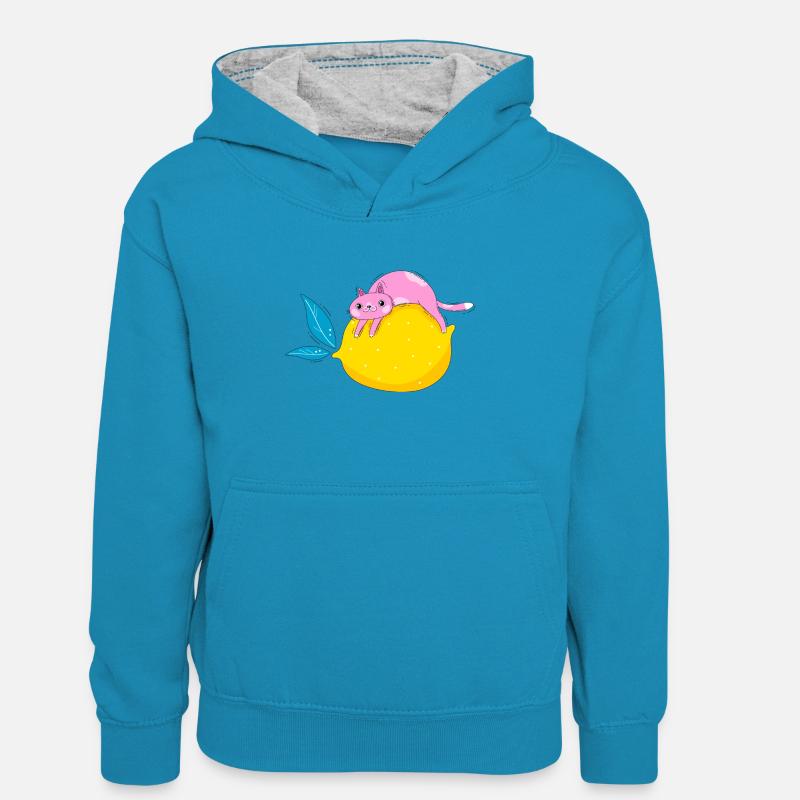 Chat et citron - Sweat à capuche contrasté Enfant - bleu paon/gris chiné