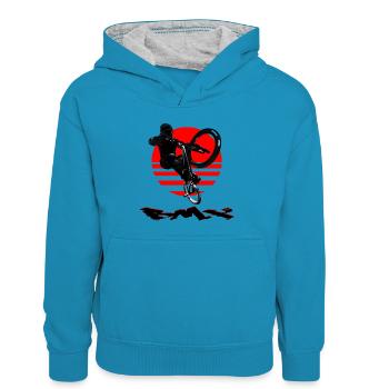 Vélo BMX - Sweat à capuche contrasté Enfant - bleu paon/gris chiné - Devant