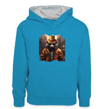 Stadt-Opossum - Kinder Kontrast-Hoodie - Pfauenblau/Grau meliert - Vorne