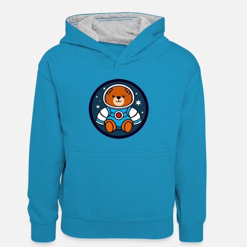 Nounours astronaute - Sweat à capuche contrasté Enfant - bleu paon/gris chiné