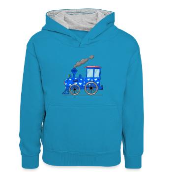Kinderzug Eisenbahn blau mit Herzen - Kinder Kontrast-Hoodie - Pfauenblau/Grau meliert - Vorne