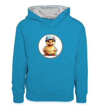 Süsses freches Entenküken mit Kappe - Kinder Kontrast-Hoodie - Pfauenblau/Grau meliert - Vorne
