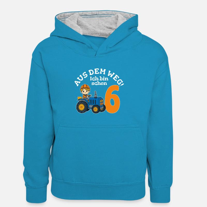 6. Geburtstag Traktor Junge - Kinder Kontrast-Hoodie - Pfauenblau/Grau meliert