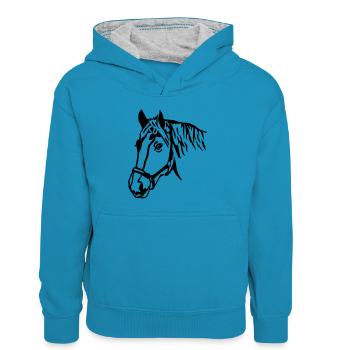 Cheval - Sweat à capuche contrasté Enfant - bleu paon/gris chiné - Devant