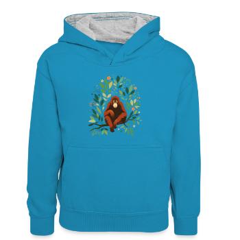 Orang-Utan - Kinder Kontrast-Hoodie - Pfauenblau/Grau meliert - Vorne