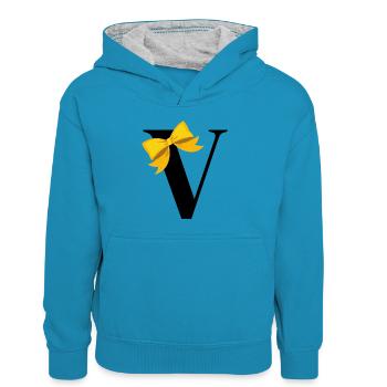 Buchstabe V gelbe Schleife - Kinder Kontrast-Hoodie - Pfauenblau/Grau meliert - Vorne
