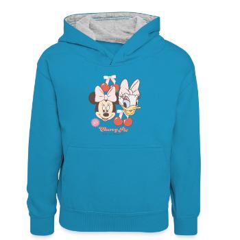 Mickey & Minnie Cherry Pie Spruch Minnie & Daisy - Kinder Kontrast-Hoodie - Pfauenblau/Grau meliert - Vorne