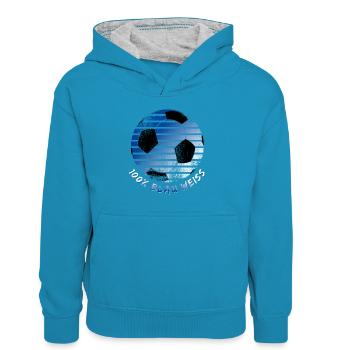 100% Blau Weiß Fußball - Kinder Kontrast-Hoodie - Pfauenblau/Grau meliert - Vorne
