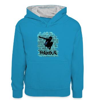 Parkour - Kinder Kontrast-Hoodie - Pfauenblau/Grau meliert - Vorne