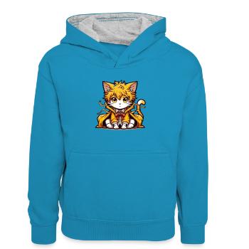 chat manga unique - Sweat à capuche contrasté Enfant - bleu paon/gris chiné - Devant