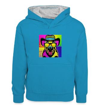 DOG POP, ein Hund mit sehr bunten Brillen - Kinder Kontrast-Hoodie - Pfauenblau/Grau meliert - Vorne