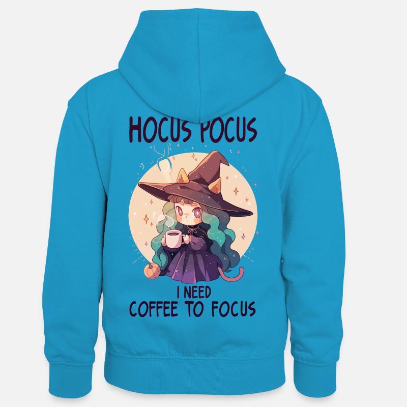 Mignon sorcière chat oreilles café Halloween - Sweat à capuche contrasté Enfant - bleu paon/gris chiné