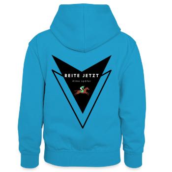 REITE JETZT - ATME SPÄTER - Nr. 2 Reitersprüche - Kinder Kontrast-Hoodie - Pfauenblau/Grau meliert - Hinten