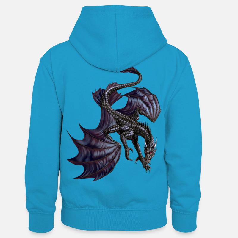 dragon noir - Sweat à capuche contrasté Enfant - bleu paon/gris chiné
