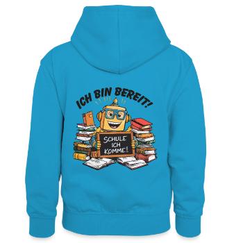 Einschulung erster Schultag kleiner Roboter - Kinder Kontrast-Hoodie - Pfauenblau/Grau meliert - Hinten