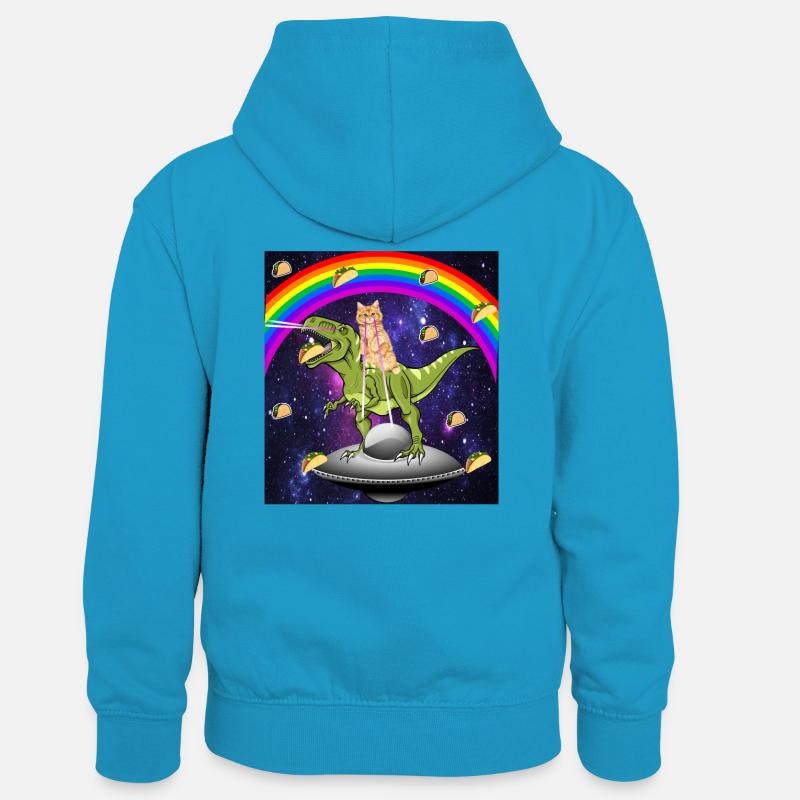 Kitty Rainbow Laser Eye T Rex Riding Space Cat - Sweat à capuche contrasté Enfant - bleu paon/gris chiné