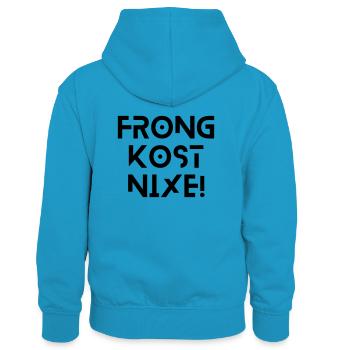 Frong kost nix - bayerischer Spruch - Kinder Kontrast-Hoodie - Pfauenblau/Grau meliert - Hinten