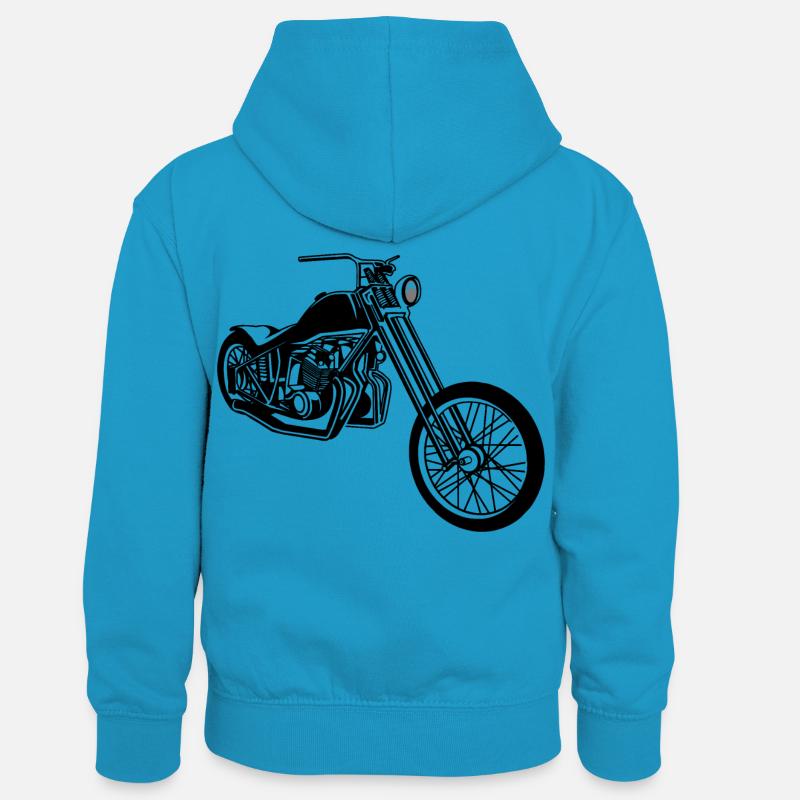 Chopper / Bobber Motorrad 01_schwarz - Kinder Kontrast-Hoodie - Pfauenblau/Grau meliert