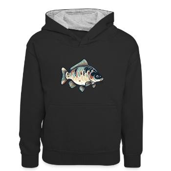Carpe, Pêche, Poisson - Sweat à capuche contrasté Enfant - noir/gris chiné - Devant