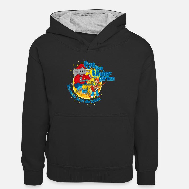 Benjamin Blümchen Bye Bye Kindergarten - Kinder Kontrast-Hoodie - Schwarz/Grau meliert