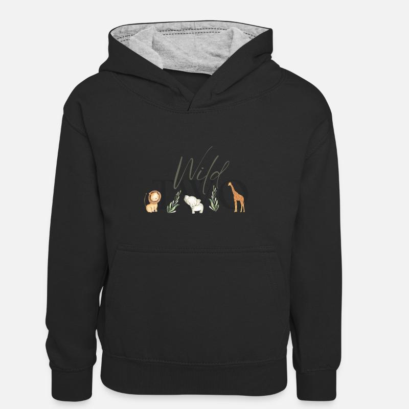 Wild Two Safari Second Birthday Geburtstag 2 - Kinder Kontrast-Hoodie - Schwarz/Grau meliert
