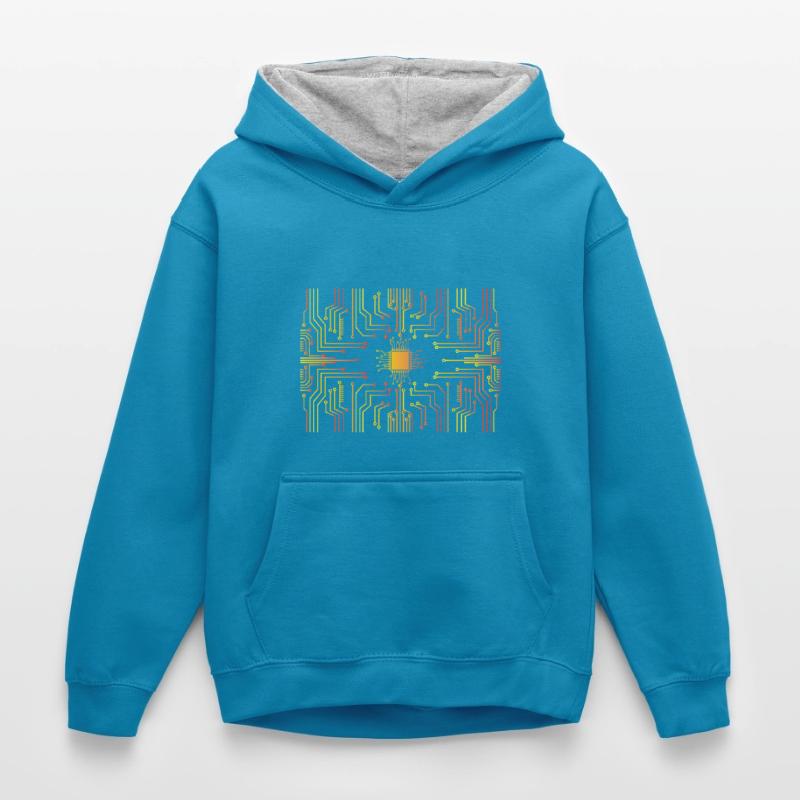 Circuit board core CPU heart pc coder geek Kids’ Contrast Hoodie