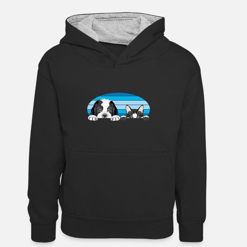 Peeping Saint Bernard chiot chien et chat mignon - Sweat à capuche contrasté Enfant - noir/gris chiné