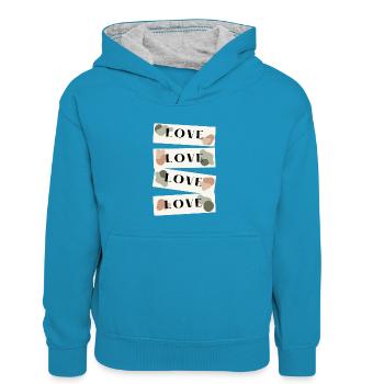 LIEBE - Kinder Kontrast-Hoodie - Pfauenblau/Grau meliert - Vorne