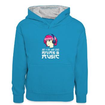 Nur ein Mädchen, das Anime und Musik liebt - Kinder Kontrast-Hoodie - Pfauenblau/Grau meliert - Vorne
