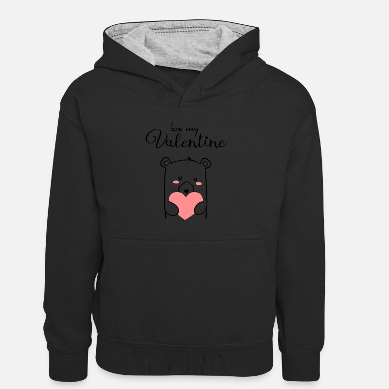 Mignon ours avec cœur sois mon Valentin - Sweat à capuche contrasté Enfant - noir/gris chiné
