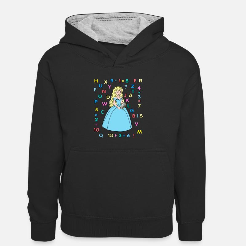 Princesse avec livre, alphabet chiffres école débutant - Sweat à capuche contrasté Enfant - noir/gris chiné