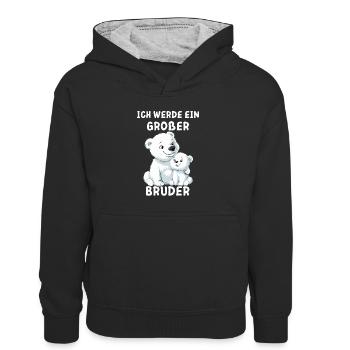 Ich werde ein großer Bruder Eisbär - Kinder Kontrast-Hoodie - Schwarz/Grau meliert - Vorne
