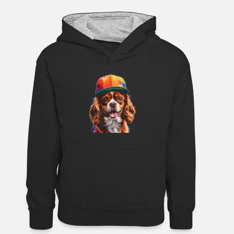 Cavalier King Charles Spaniel Snapback Cap Chien - Sweat à capuche contrasté Enfant - noir/gris chiné
