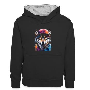 Wolf Snapback Cap Colorful Animal Design Print - Kids’ Contrast Hoodie - black/heather grey - Front