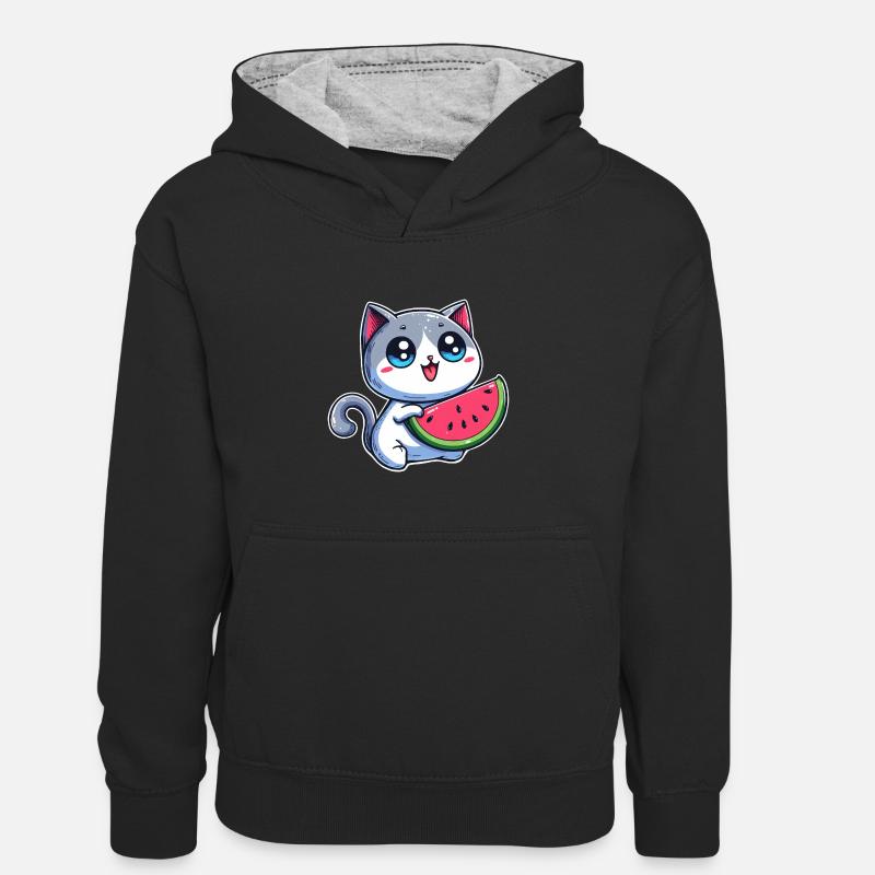 Un chat mignon mange de la pastèque - Sweat à capuche contrasté Enfant - noir/gris chiné