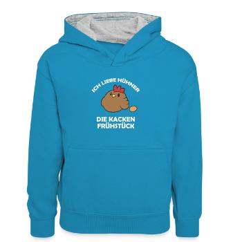 Ich liebe Hühner, die kacken Frühstück - Kinder Kontrast-Hoodie - Pfauenblau/Grau meliert - Vorne