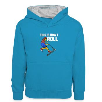 Rollerfahren So rolle ich - Kinder Kontrast-Hoodie - Pfauenblau/Grau meliert - Vorne