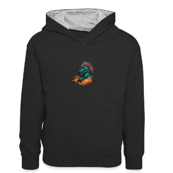 Retro vintage cartoon dinosaur head - Kids’ Contrast Hoodie - black/heather grey - Front