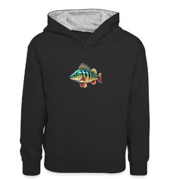 perche, perche, poisson, pêche - Sweat à capuche contrasté Enfant - noir/gris chiné - Devant