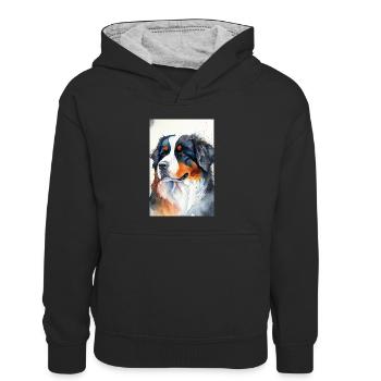 Aquarelle de chien de montagne bernois - Sweat à capuche contrasté Enfant - noir/gris chiné - Devant