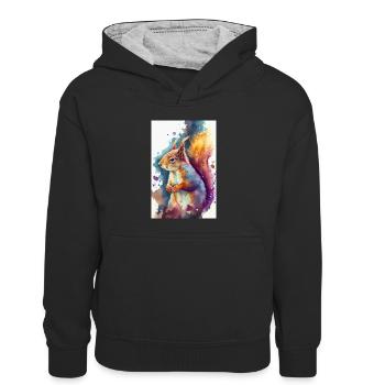 Squirrel Animal Watercolor - Kids’ Contrast Hoodie - black/heather grey - Front